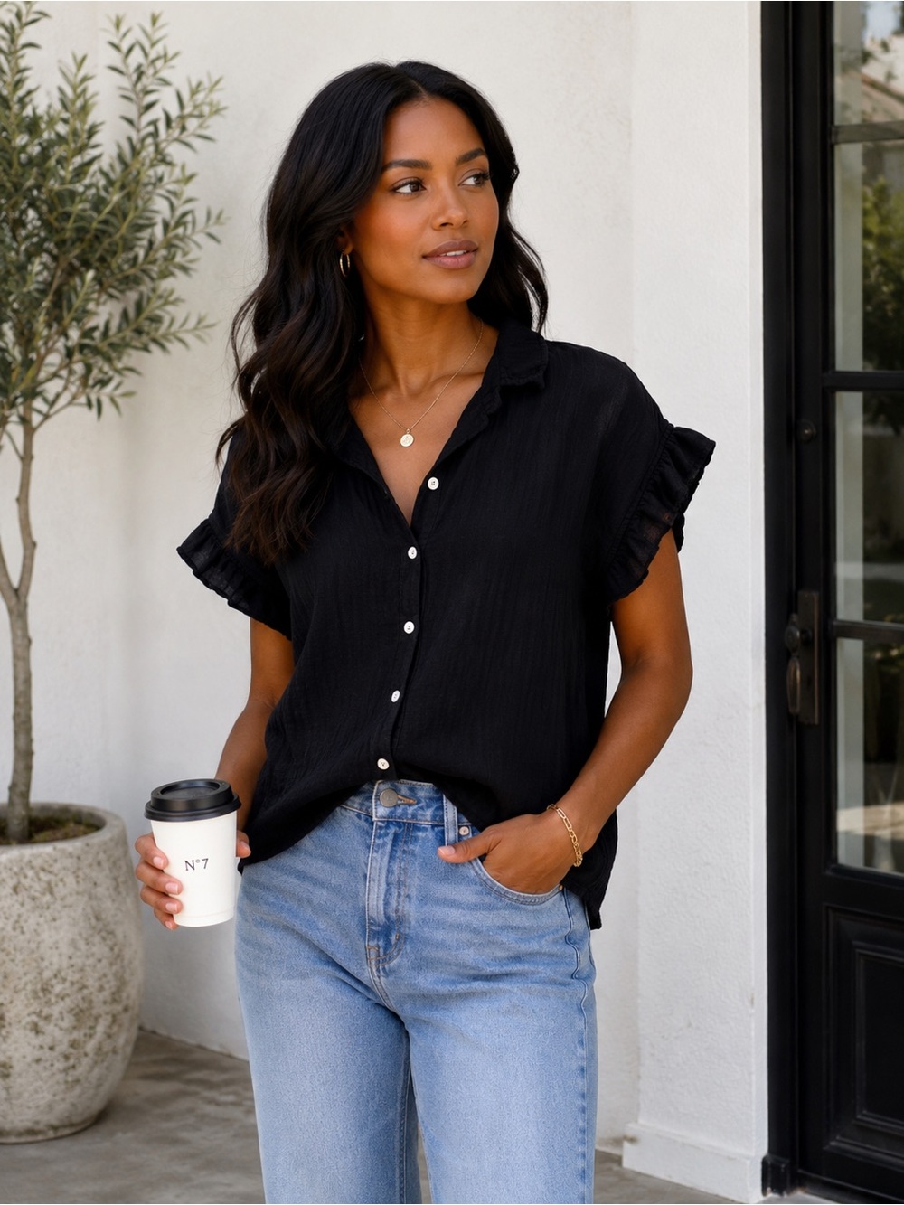 Dylan Black Ruffle Sleeve Gauzy Crinkle Cotton Button Front Blouse Medium